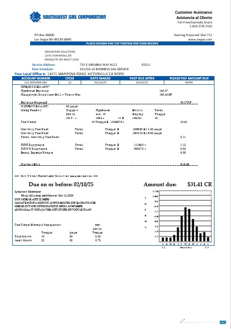 USA Nevada Southwest gas Corporation business utility bill template in Word and PDF formats